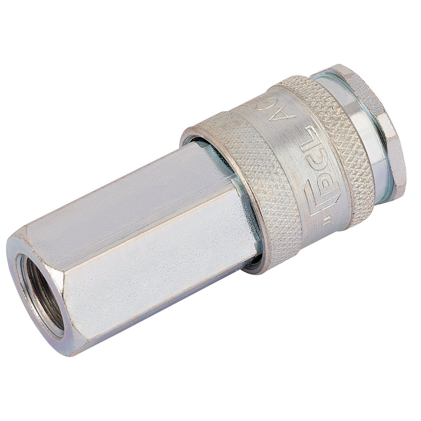 The Draper 1/4" BSP Parallel Euro Coupling Female Thread (Sold Loose) - AC71CF BULK is a silver pneumatic quick-release coupling featuring a hexagonal nut and knurled grip, designed for high-flow applications.