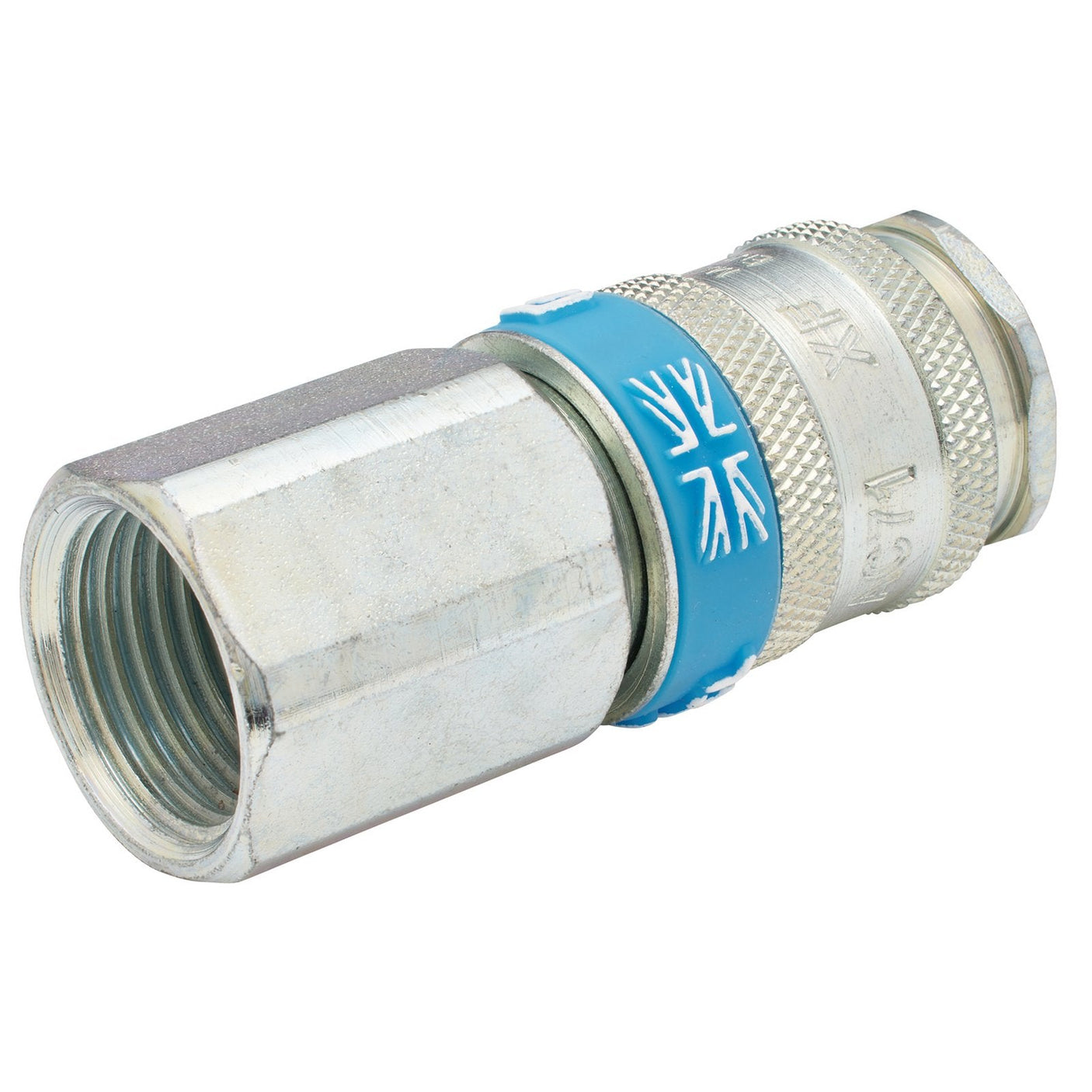 The Draper 1/2" BSP Parallel Euro Coupling Female Thread (sold loose) - AC71JF BULK is a heavy-duty metallic cable connector featuring a hexagonal shape on one end and threaded fitting on the other. It includes a blue ring with a white logo encircling the middle, making it ideal for high-flow applications.