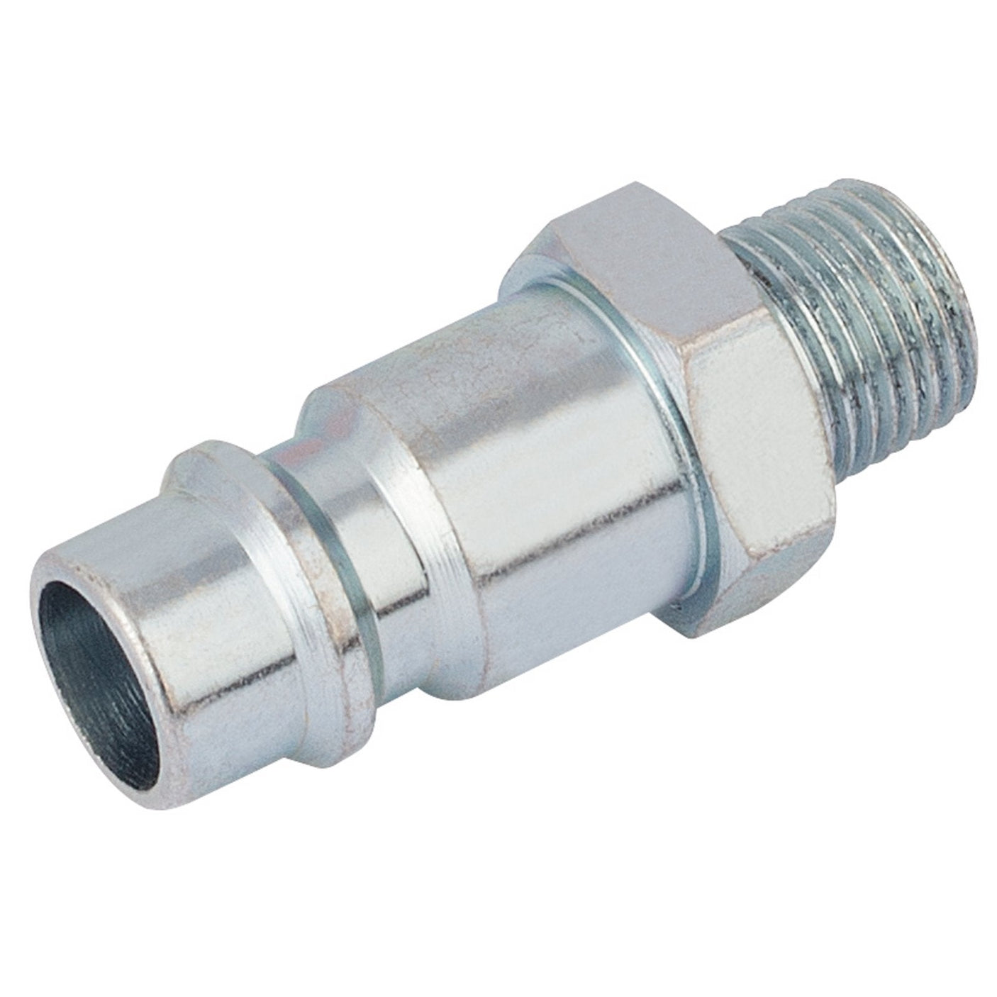 A close-up image of the Draper 1/8" BSP Male Nut PCL Euro Coupling Adaptor (Sold Loose) - A7101 BULK, a heavy-duty metallic fitting with a threaded end, designed for high-flow pneumatic or hydraulic hose applications.