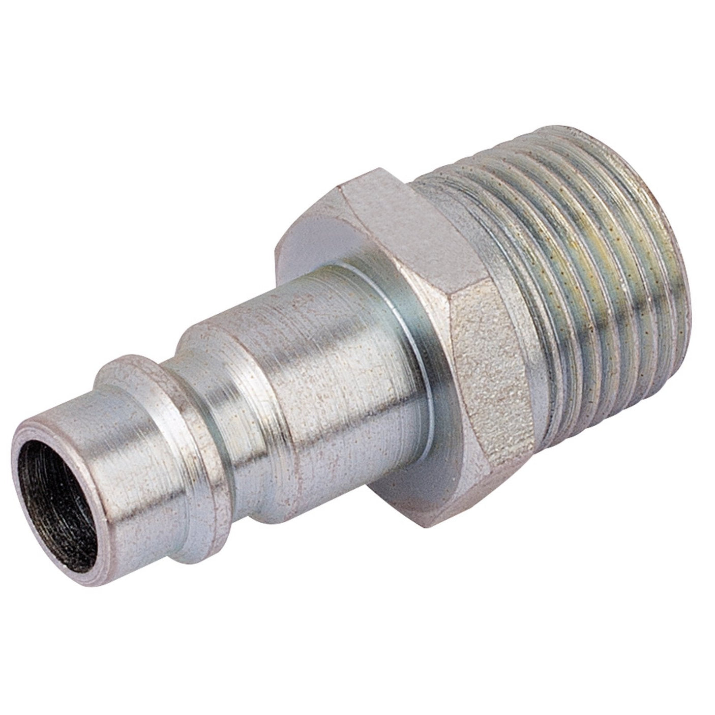 Introducing the Draper 3/8" Bsp Male Nut Pcl Euro Coupling Adaptor, a robust metallic fitting with a smooth bore and hexagonal nut section, perfect for high-flow applications.