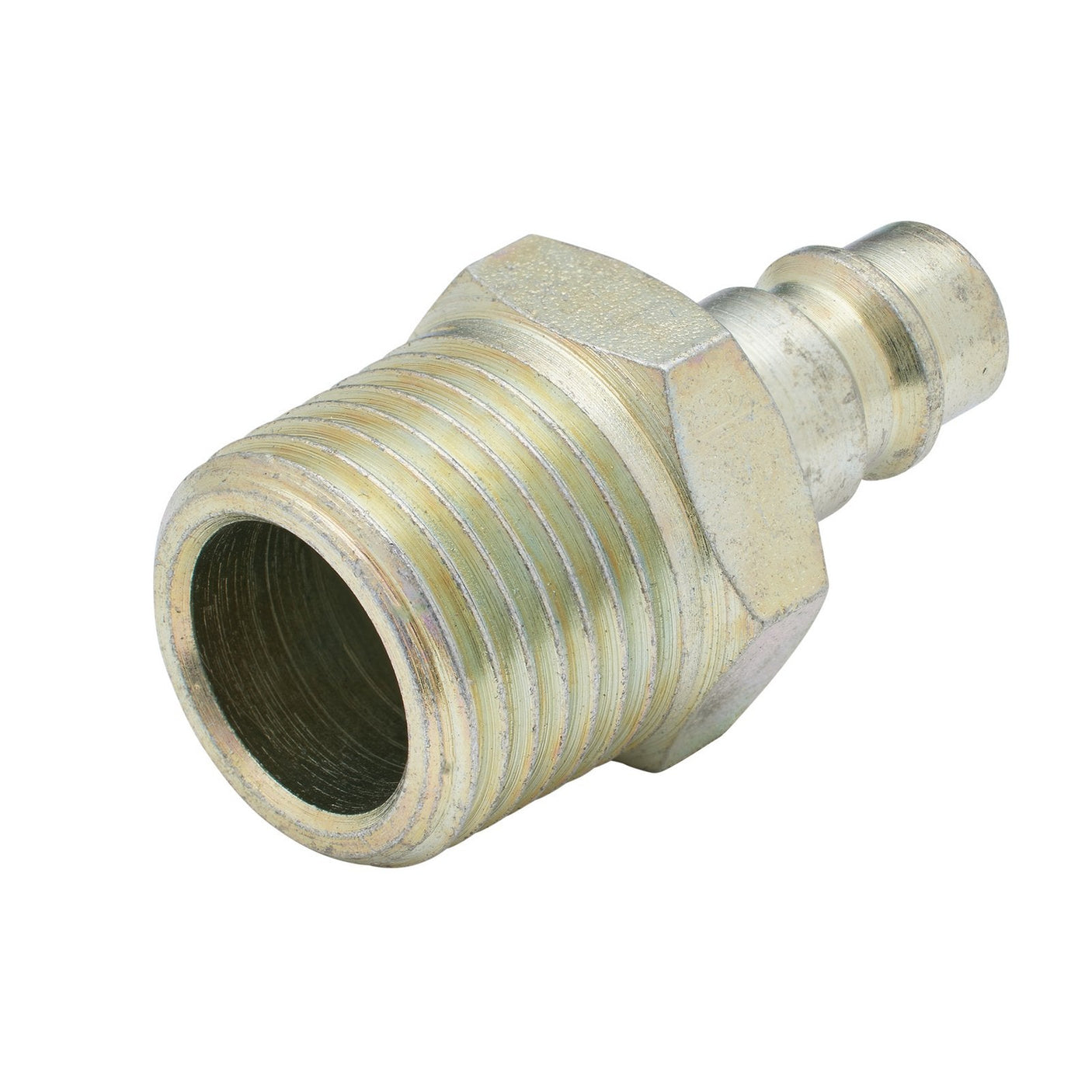 The Draper 1/2" Bsp Male Nut Pcl Euro Coupling Adaptor (Sold Loose) - A7104 BULK is a robust metallic hose fitting featuring a threaded end and a barbed end for secure attachment, making it ideal for high flow applications.