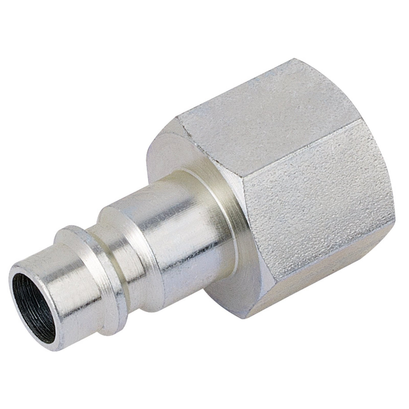 Introducing the Draper 3/8" Bsp Female Nut Pcl Euro Coupling Adaptor (Sold Loose) - A7107 BULK, a robust metal quick-connect air hose fitting with a hexagonal nut and a barbed end, ideal for high flow applications.