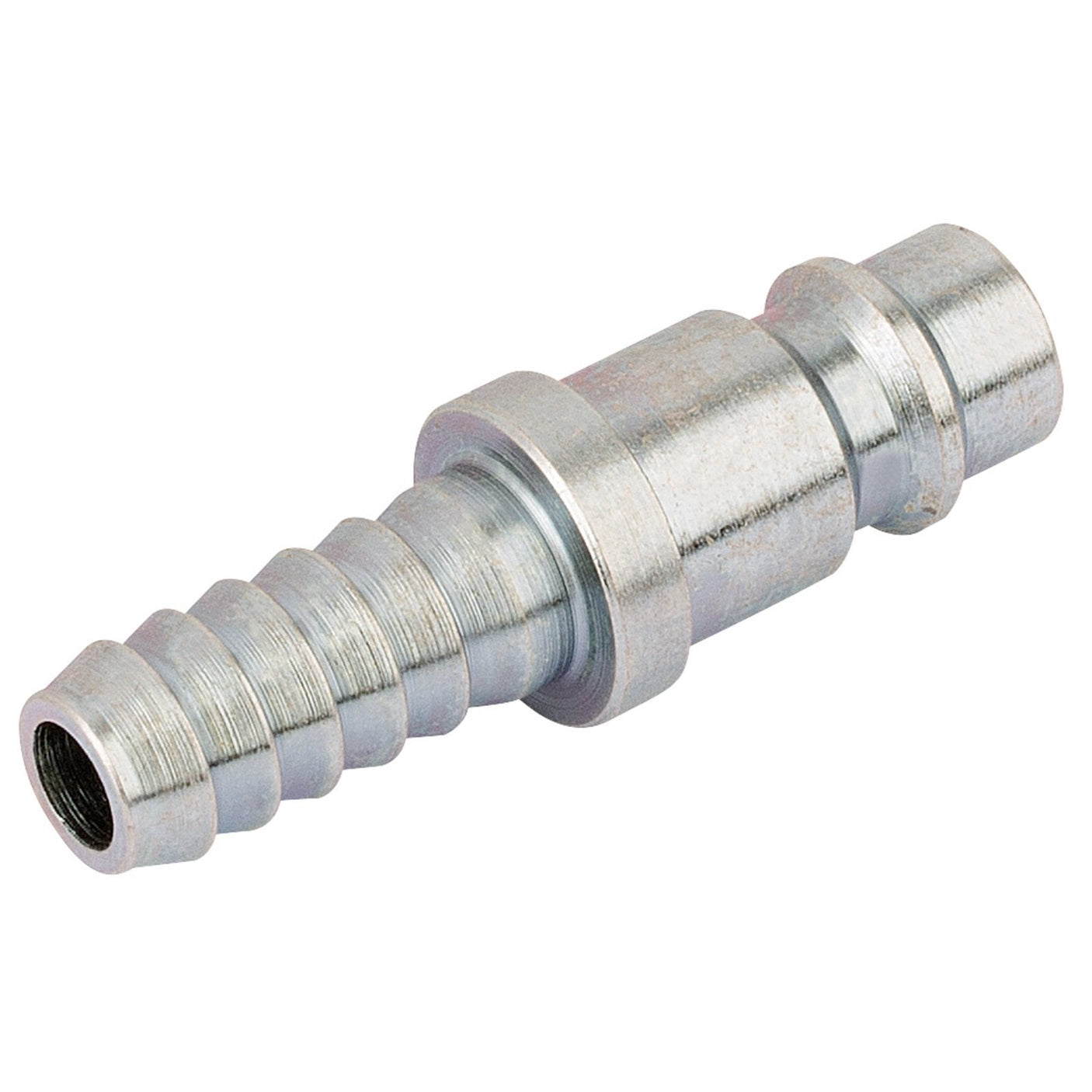 The Draper Pcl Euro Adaptor Hose Tailpiece, 8mm (Sold Loose) - A7111 BULK, is a heavy-duty metal hose adapter with one end designed with a barbed shape for secure hose attachment and the other end featuring a smooth cylindrical shape, making it ideal for high flow applications.