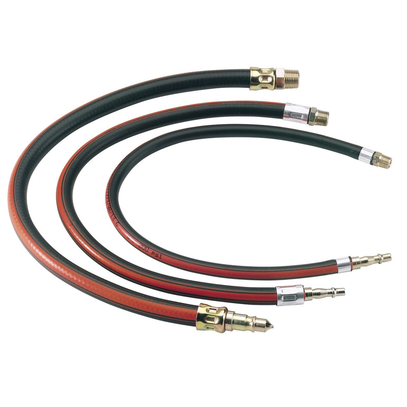 Four types of flexible isolating hose connectors with metallic fittings, including the Draper Air Line Whip Hose (600mm, 1/4" BSP - 4311), are shown coiled on a white background, featuring PCL adaptors for seamless integration.