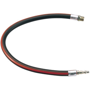 The Draper Air Line Whip Hose, 600mm, 3/8" BSP - 4312 is a black and red flexible rubber hose with metal connectors on both ends. Designed for use with pneumatic tools, this durable hose also includes a PCL adaptor for seamless integration, making it an ideal choice for various air tool coupling needs.