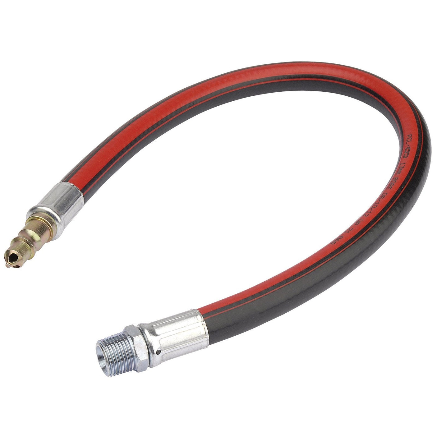 The Draper Air Line Whip Hose, 600mm, 1/2" BSP - 4313, a flexible hose with metal fittings at each end and a distinctive red stripe along its length, is ideal for connecting air tools.