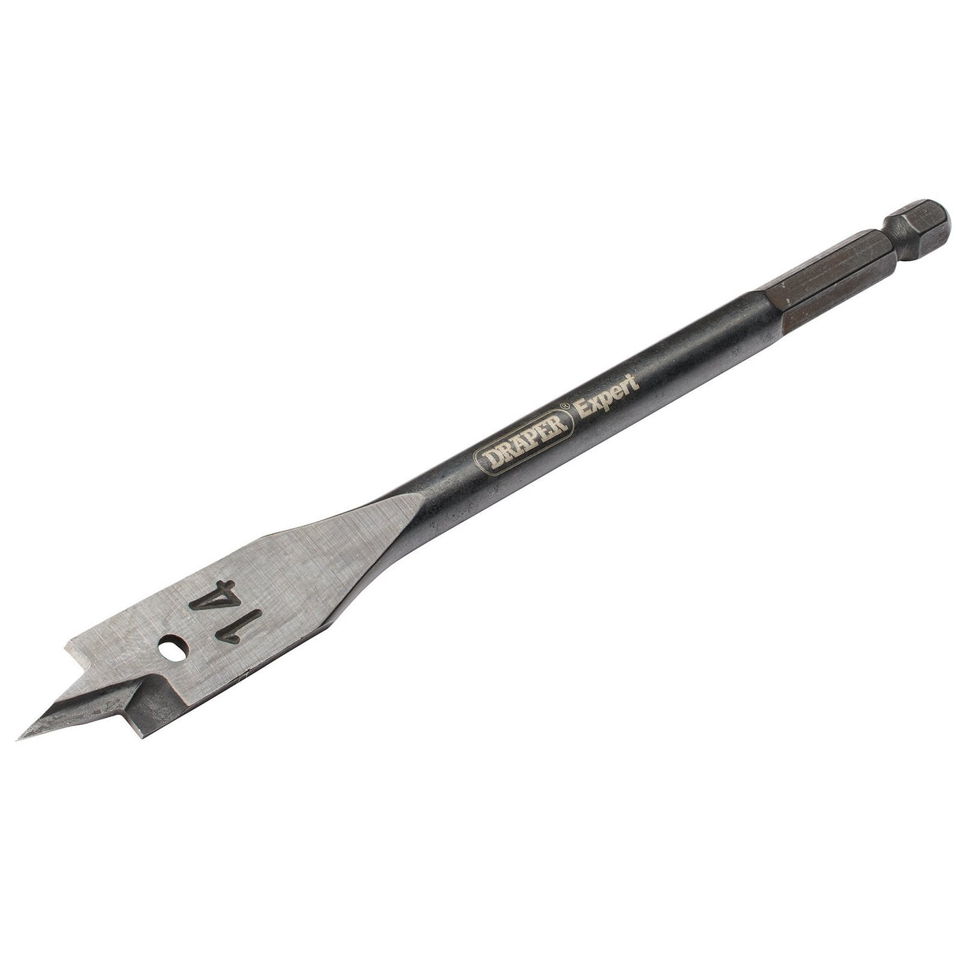 A precision-ground Draper Expert Flat Wood Bit, 14mm - FB102, featuring durable carbon steel construction and ideal for drilling large holes in wood.