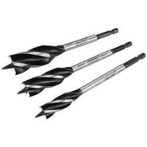 Three black and silver auger bits of varying sizes with hex shanks are displayed in a row. These revolutionary Draper Expert 4 Fluted Auger Bits feature carbon steel cutting edges for perfect holes every time. Each of the 165mm (3 piece) AB4F/B bits is inscribed with size specifications and the brand name "Draper.