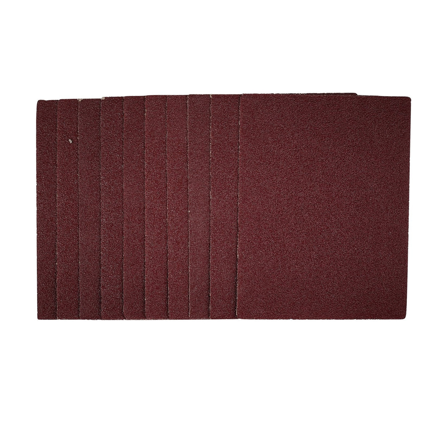 A stack of ten Draper 1/4 sanding sheets, 115 x 150mm, 40 grit (Pack of 10) - SSA2 in dark brown arranged side by side against a plain white background.