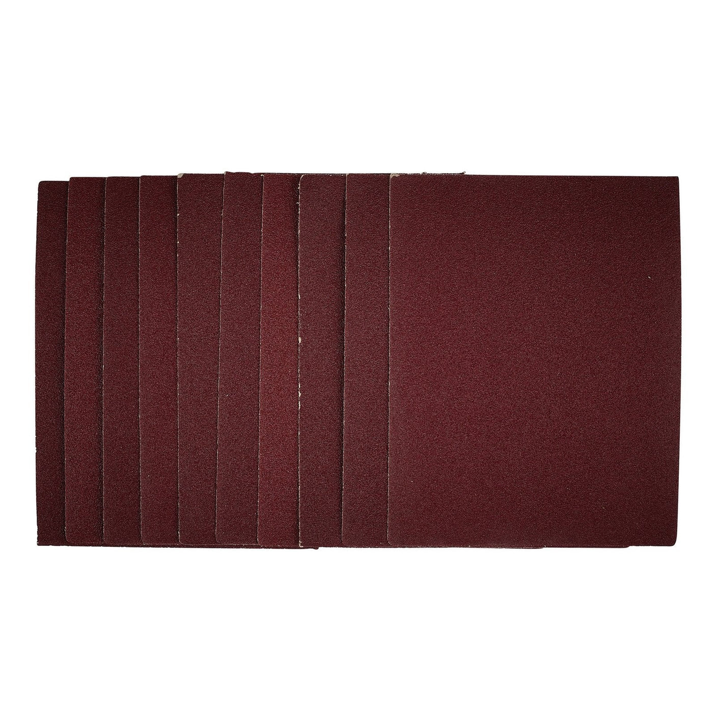 A stack of Draper 1/4 Sanding Sheets, 115 x 150mm, 80 grit (Pack of 10) - SSA2 with aluminium oxide, aligned vertically.