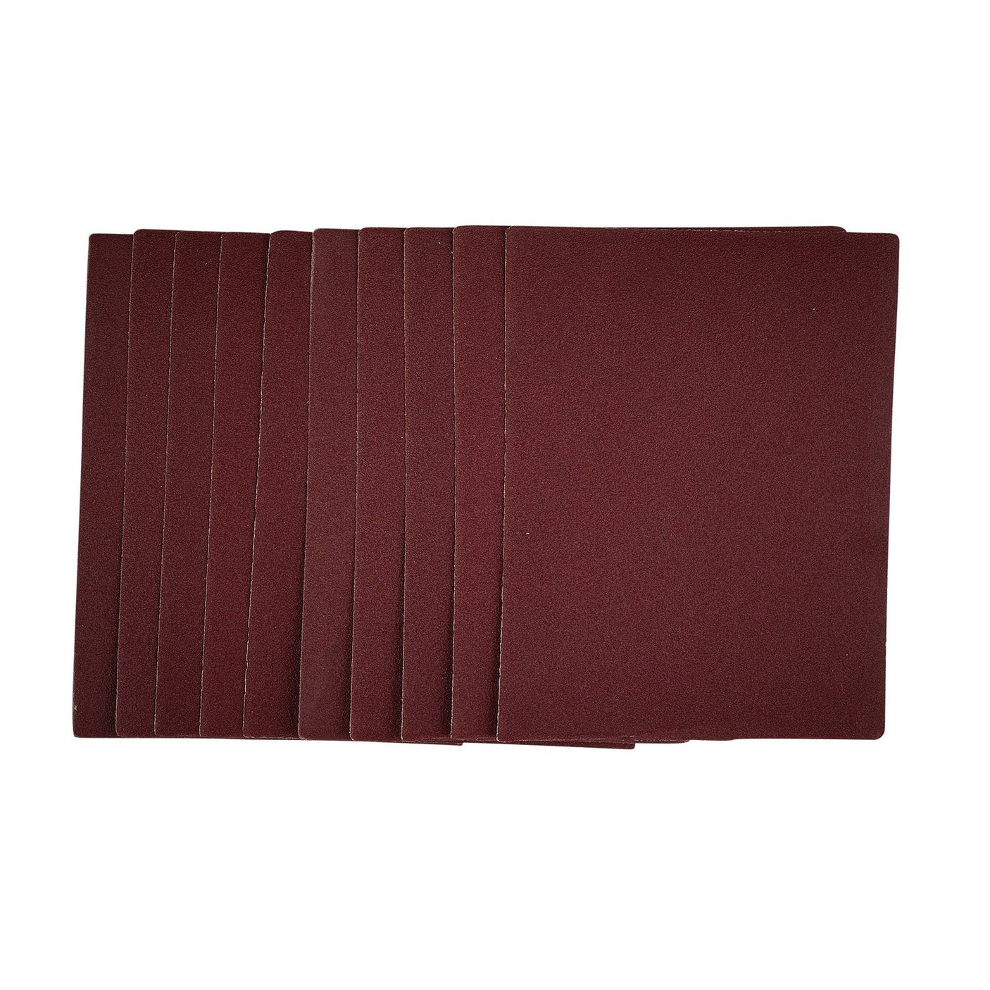 A set of ten Draper 1/4 Sanding Sheets, 115 x 150mm, 120 Grit (SSA2), featuring heavy-duty E-Weight backing, arranged in a fan-like pattern on a white background.