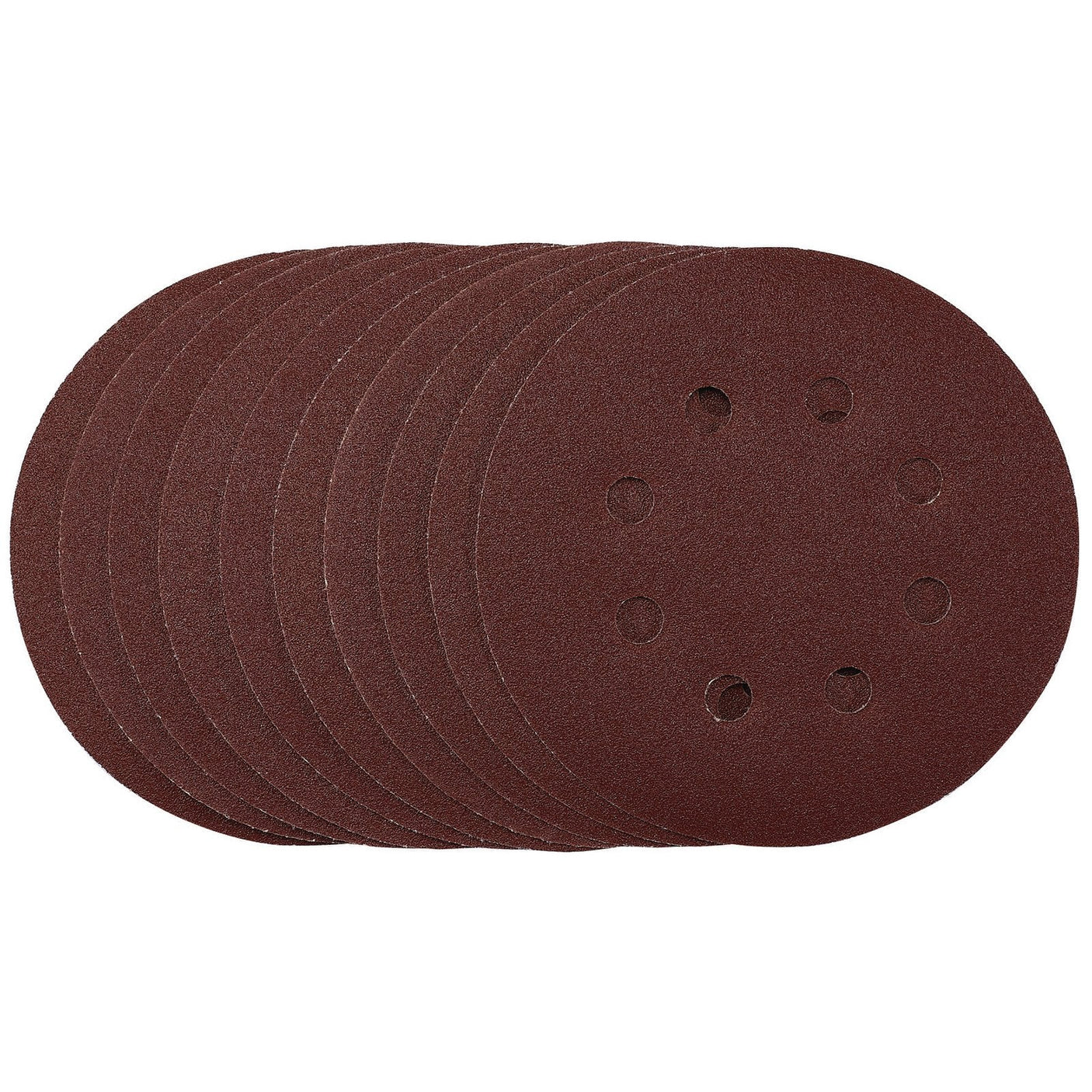 A set of eight Draper Punched Sanding Discs, 125mm, Hook & Loop, 120 Grit (from a pack of 10) - SDHAL125, in red-brown color with six holes each is arranged partially overlapping on a white background; perfect for random orbital sanders.