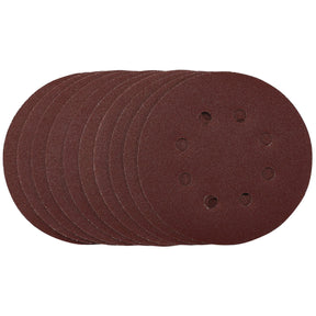 A set of eight Draper Punched Sanding Discs, 125mm, Hook & Loop, 120 Grit (from a pack of 10) - SDHAL125, in red-brown color with six holes each is arranged partially overlapping on a white background; perfect for random orbital sanders.