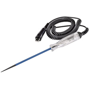 The Draper 6-24V Heavy Duty Automotive Circuit Tester - 1181-B features a clear handle, a sharp insulated blade, a coiled black cord, and an alligator clip, making it ideal for testing 6-24V DC circuits.