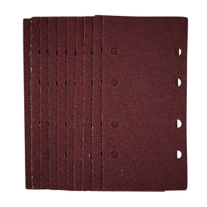 A pack of ten Draper 1/3 Sanding Sheets With Hook And Loop, measuring 93 x 190mm and featuring six evenly spaced holes on the right side, in a red rectangular design with a grit level of 40.