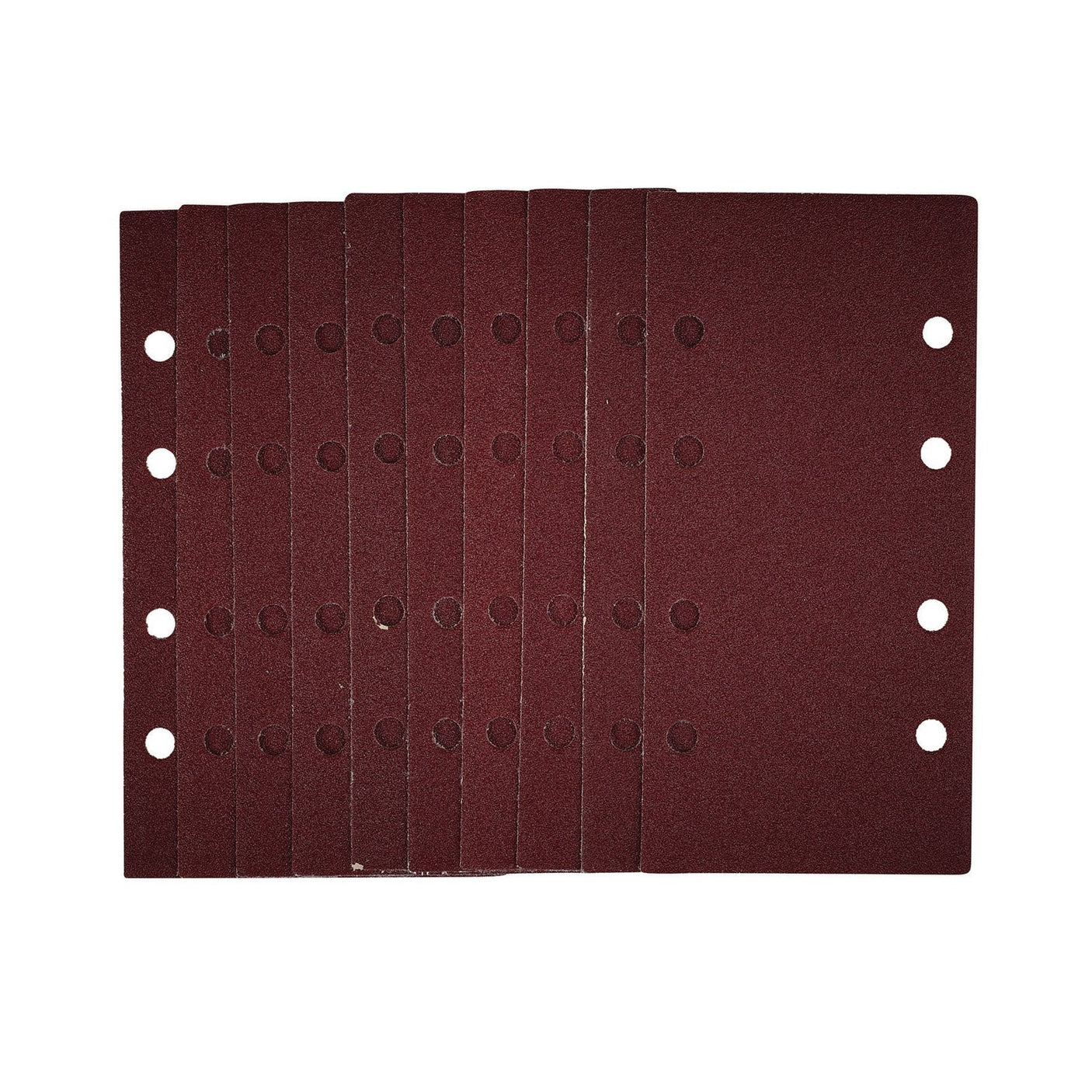 A pack of ten Draper 1/3 Sanding Sheets With Hook And Loop, measuring 93 x 190mm each, made with durable aluminium oxide and featuring six punched holes arranged in two vertical rows.