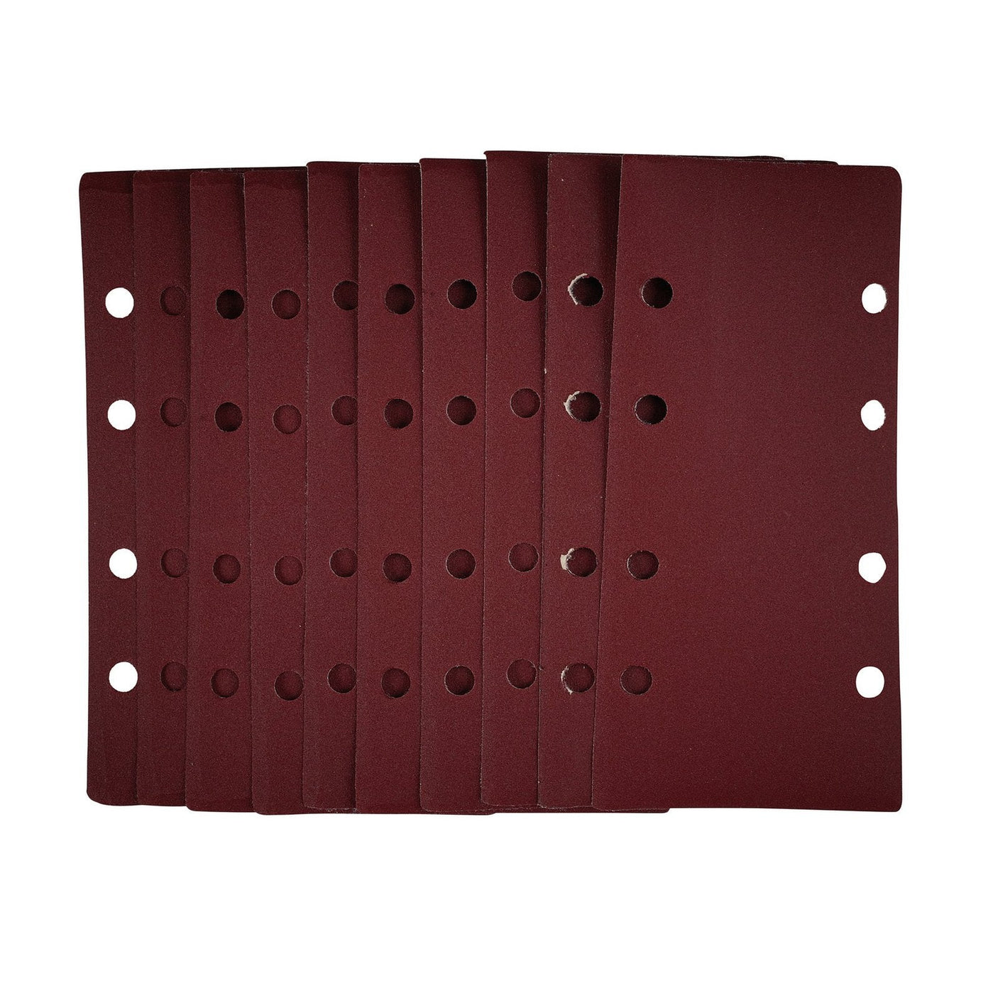 A stack of Draper 1/3 Sanding Sheets With Hook And Loop, measuring 93 x 190mm and featuring a 240 grit, with punched holes in two vertical rows and crafted from durable aluminium oxide.