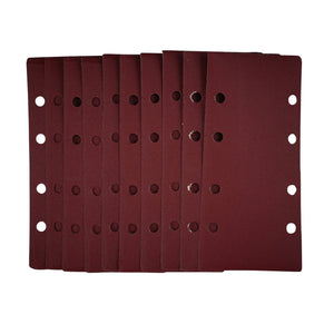 A stack of Draper 1/3 Sanding Sheets With Hook And Loop, measuring 93 x 190mm and featuring a 240 grit, with punched holes in two vertical rows and crafted from durable aluminium oxide.