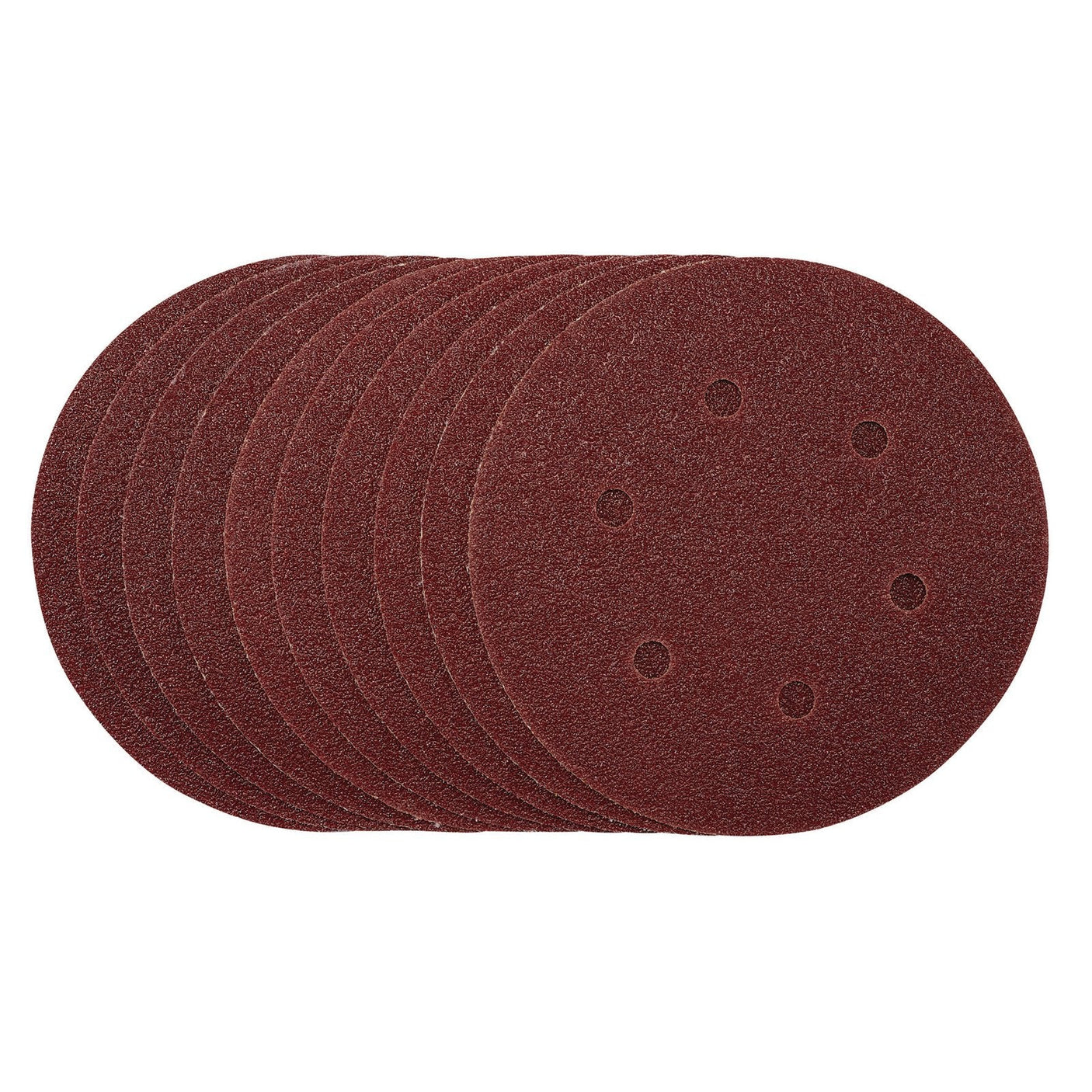 A pack of ten 150mm Draper Sanding Discs with a 40 grit rating and hook & loop attachment, featuring six-hole circular designs, perfect for random orbital sanders.