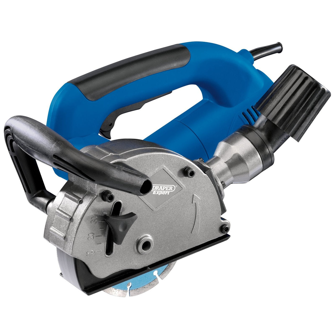 The Draper Expert 230V Wall Chaser, 125mm, 1320W - WC1320 is a blue and silver electric tool designed for cutting channels in walls for cables and pipes. This branded Draper product features Expert Quality construction and diamond blades, along with an adjustable cutting width for precise work.