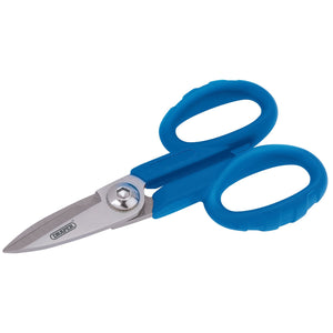 The Draper Electricians Scissors, 140mm - ES1, featuring stainless steel blades and blue plastic handles, lays open against a white background.