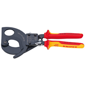 Image of a professional-quality Draper Knipex 95 36 280 VDE Heavy Duty Cable Cutter with red and yellow insulated handles, suitable for cutting copper and aluminum cables.