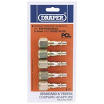 Packaging of Draper 1/4" Female Thread Pcl Coupling Screw Adaptors (Pack of 5), featuring five metal adaptors for 1/4" BSP parallel, 9.5mm bore hose with female thread.