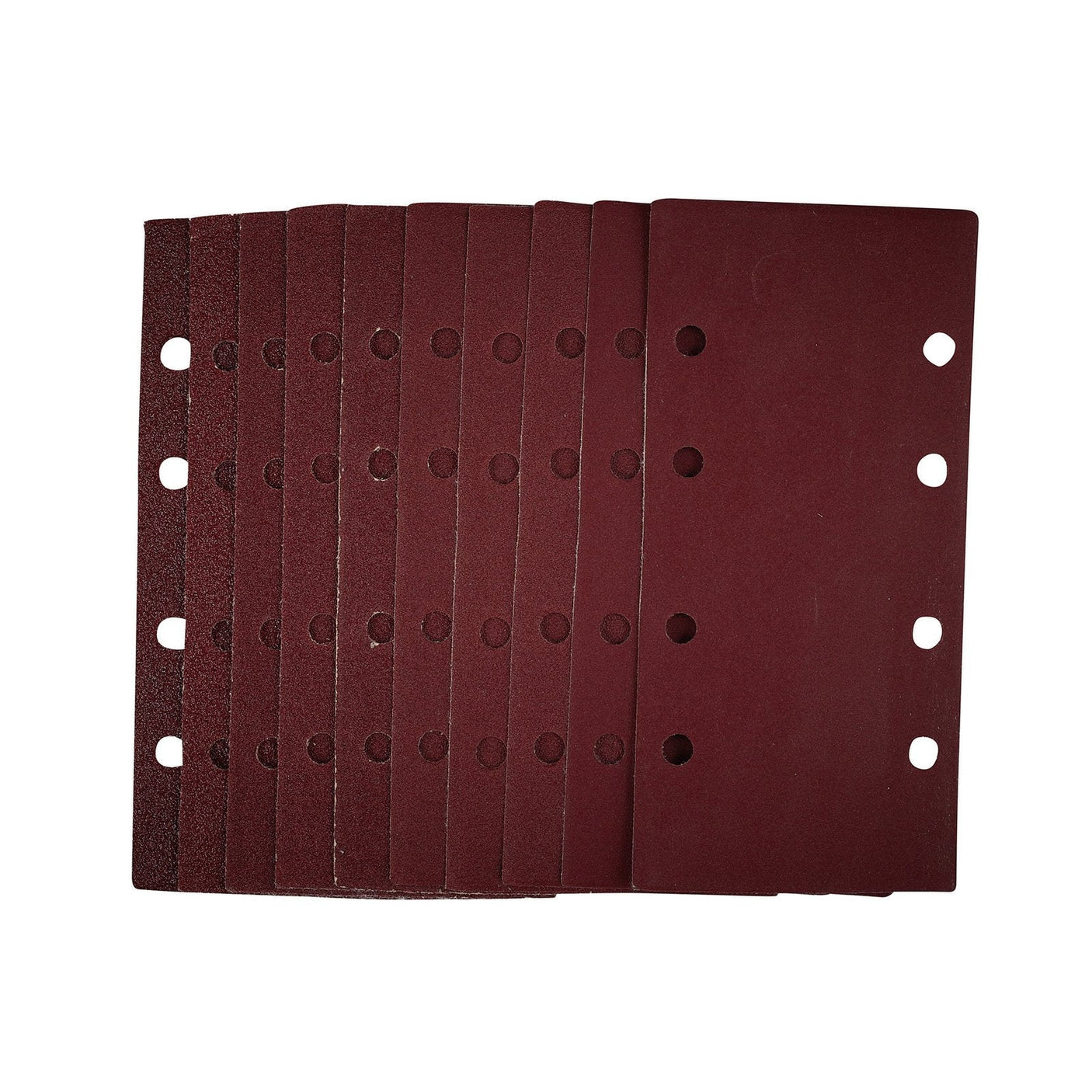 A stack of ten Draper 1/3 Sanding Sheets With Hook And Loop, 93 X 190mm, Assorted Grit (Pack Of 10) - SSA3, featuring multiple holes punched along the short edges and a durable hook-and-loop backing.