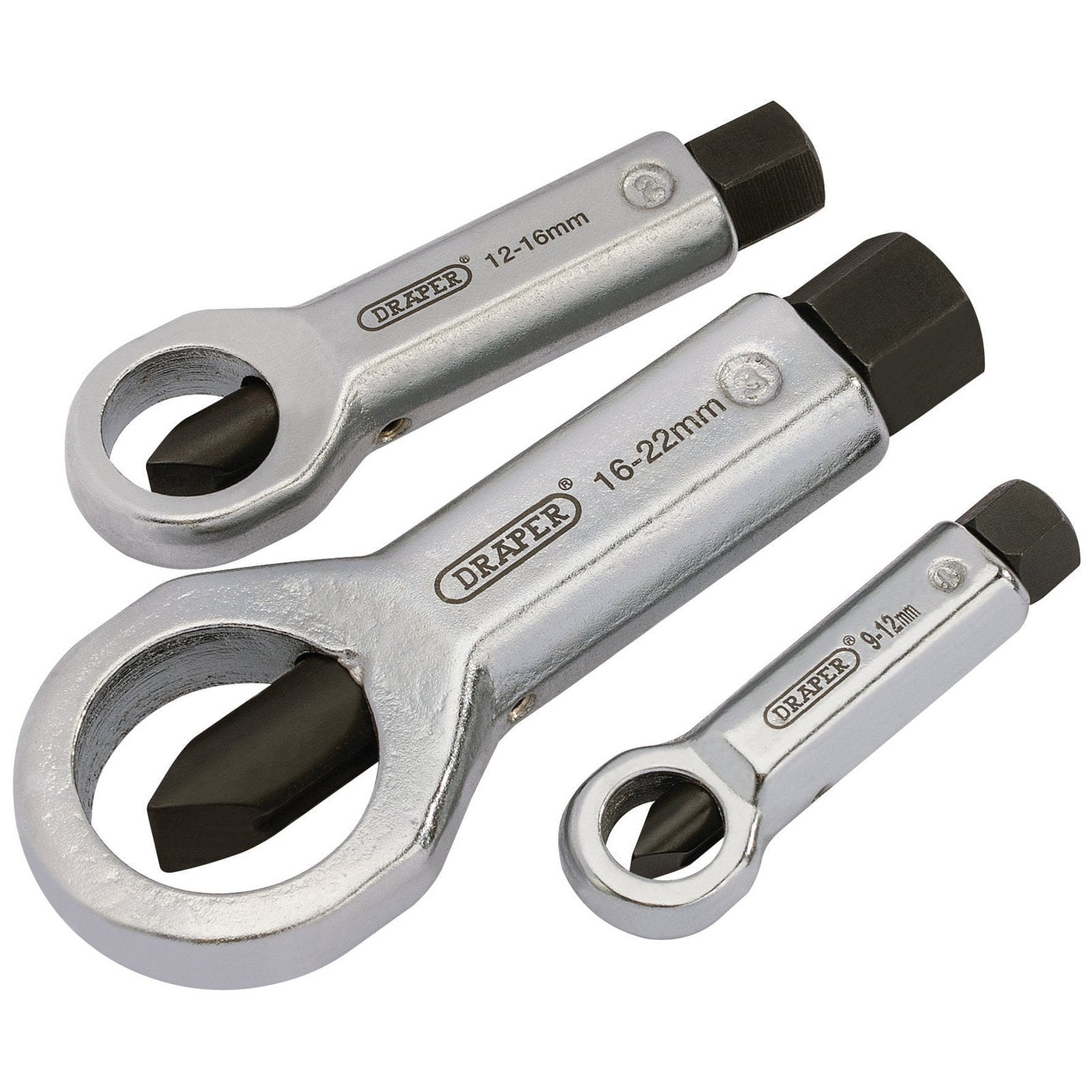 Three metal nut splitters of varying sizes are arranged on a white background. Each splitter is labeled with the Draper brand and its size specifications: 9mm, 12-16mm, and 16-22mm—ideal for removing corroded nuts without damaging bolt threads.