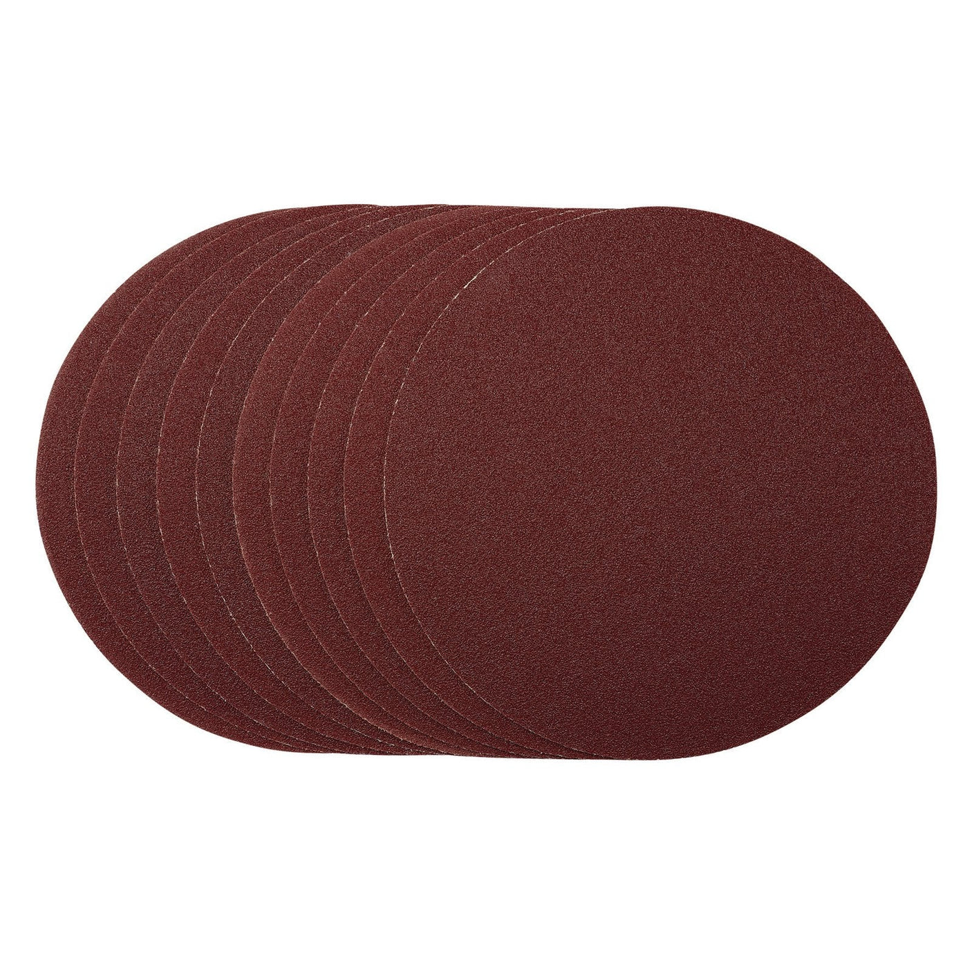 The Draper Sanding Discs, 180mm, Hook & Loop, 80 Grit (Pack of 10) - SDHAL180 feature seven stacked circular aluminum oxide sanding discs with a reddish-brown grit surface and heavy-duty E-Weight backing perfect for 180mm sanders.