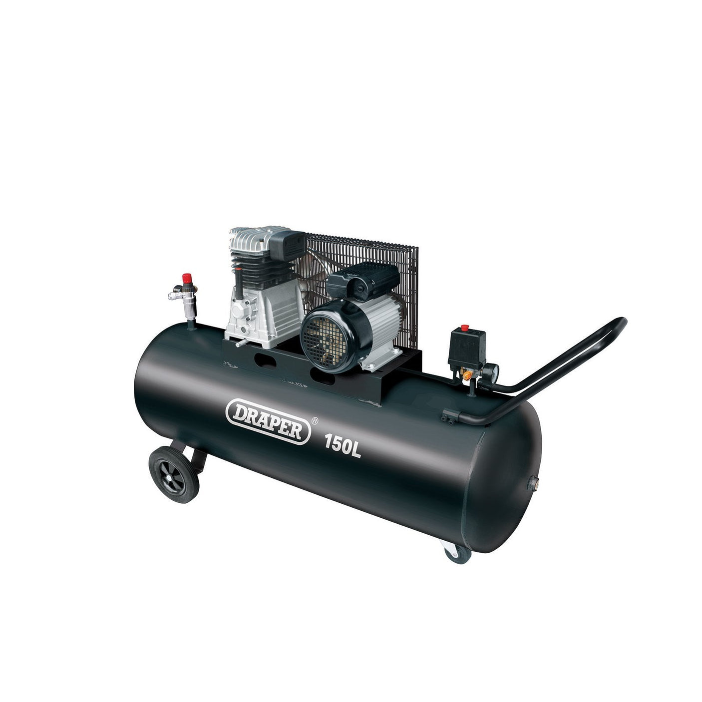 The Draper 150L Belt-Driven Air Compressor, model DA150/369M, comes equipped with a black cylindrical tank, two wheels, a handle, and attached motor components. This reliable unit features thermal motor protection to ensure safe operation under heavy use.