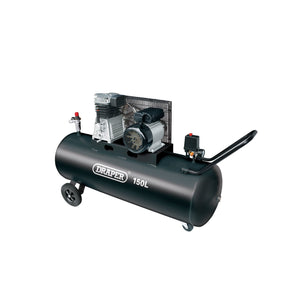 The Draper 150L Belt-Driven Air Compressor, model DA150/369M, comes equipped with a black cylindrical tank, two wheels, a handle, and attached motor components. This reliable unit features thermal motor protection to ensure safe operation under heavy use.