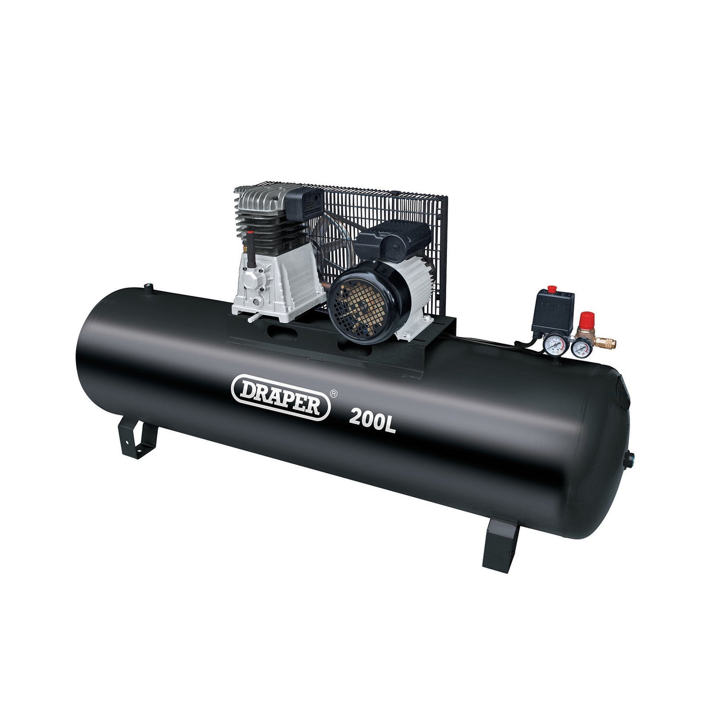 A large black belt-driven compressor with a 200L capacity, featuring pressure gauges and thermal motor protection, branded "Draper"—ideal for workshop use. The model is the Draper 200L Belt-Driven Air Compressor Without Wheels, 2.2Kw/3Hp - DA200/369S.