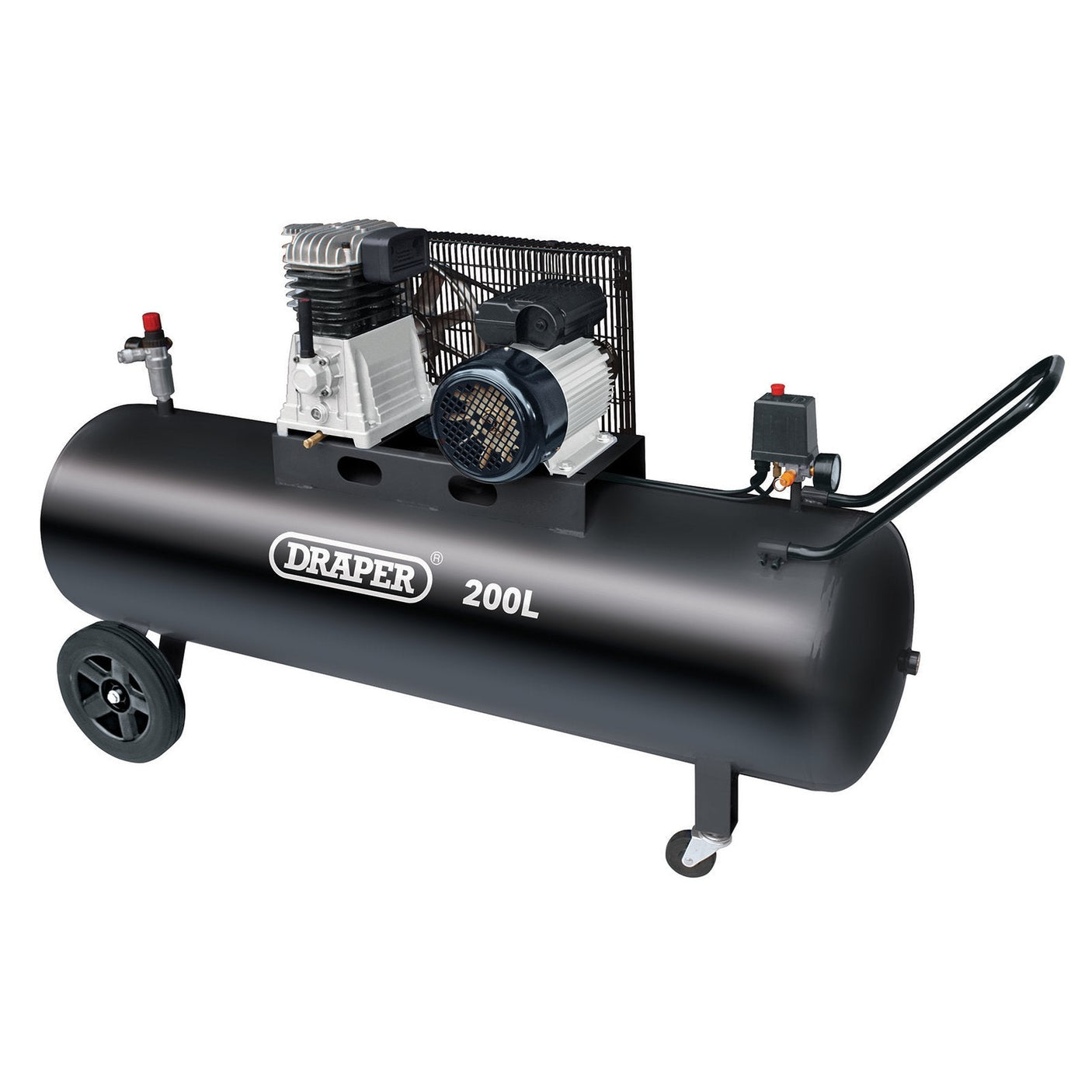 The Draper 200L Belt-Driven Air Compressor, 2.2Kw/3Hp - DA200/369M, comes in black and is designed with a capacious 200L tank. It features two wheels and a handle for easy mobility, making it highly portable. The belt-driven mechanism ensures efficient operation, while the integrated pressure gauges and pressure regulator allow for precise control. For added safety, this air compressor is equipped with motor thermal protection.