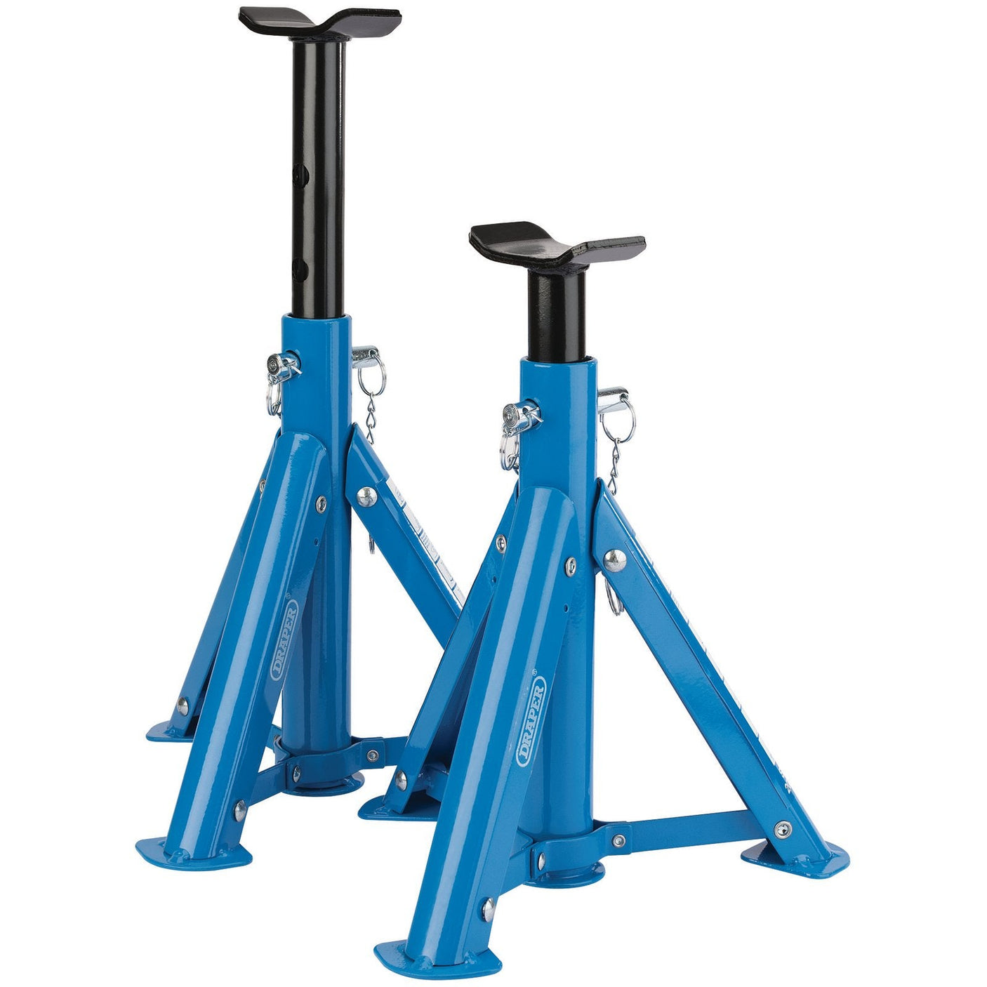 Two Draper AS2000F Folding Axle Stands, each with a 2-tonne capacity, come in blue and feature heavy-duty construction. Designed for vehicle support during maintenance or repair, these stands include steel locking pins, a wide base for increased stability, and black adjustable top posts.