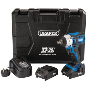 Image of a Draper D20 20V Brushless Impact Wrench, 1/2" Square Drive, with the D20 interchangeable battery system, including two 2.0Ah batteries, a charger, and a carrying case - Model D20IW250SET.