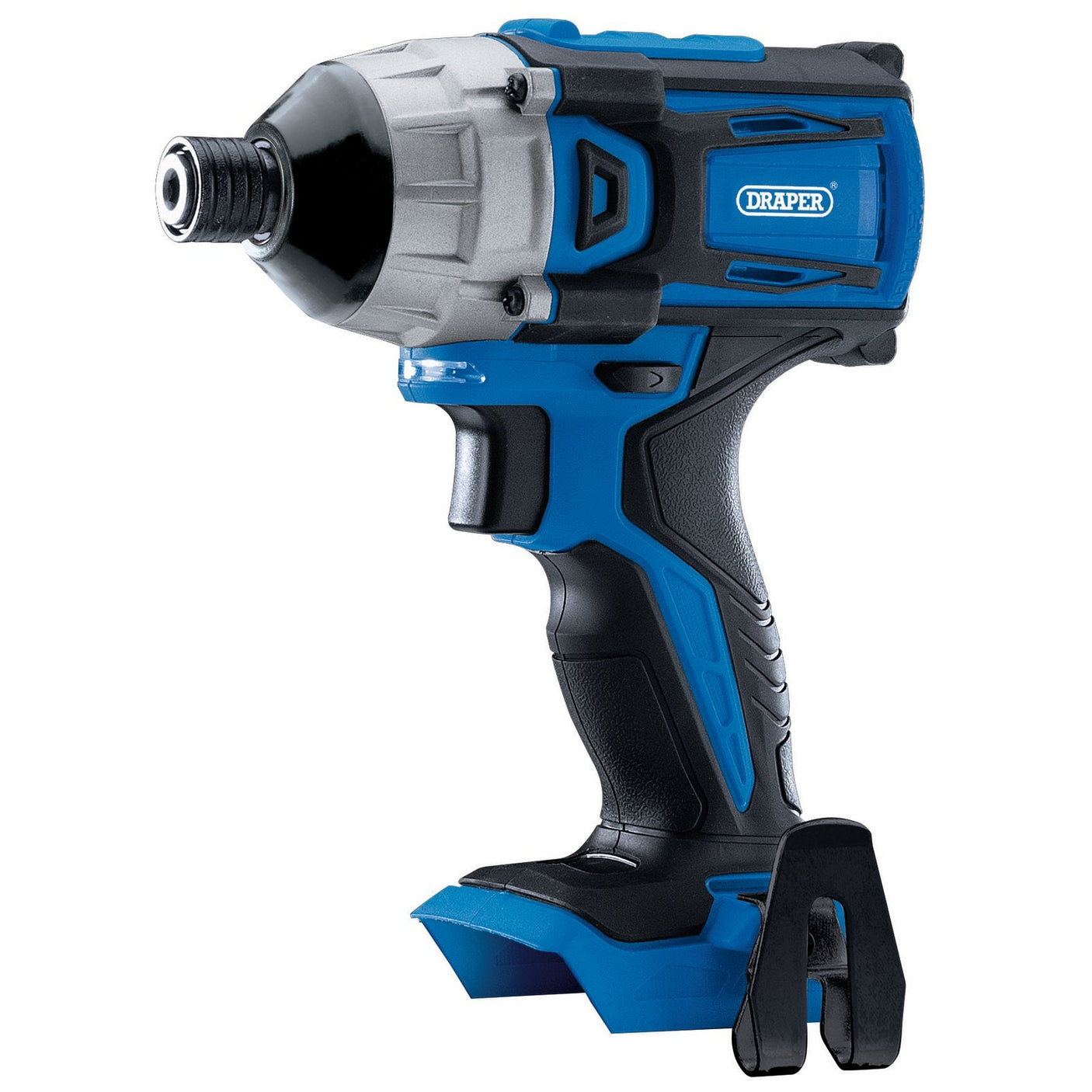 A Draper D20 20V Brushless Impact Driver featuring a 1/4" hex, blue and black cordless design, ergonomic handle and trigger, and variable speed control, delivering up to 180Nm of torque.