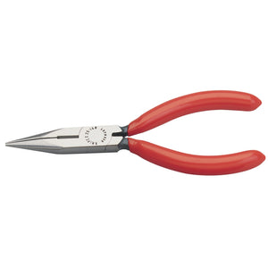 A pair of Draper Knipex 25 01 140Sb Long Nose Pliers, featuring red rubber handles, serrated gripping surfaces for better hold, and hardened cutting edges for precision in gripping small objects or bending wires.