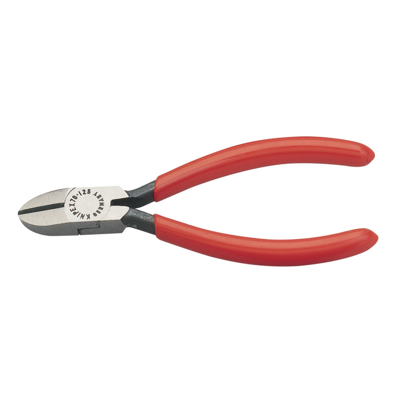 The Draper Knipex 70 01 125 SBE Diagonal Side Cutter, measuring 125mm, boasts a Swedish pattern and red handles, crafted from vanadium electric steel.