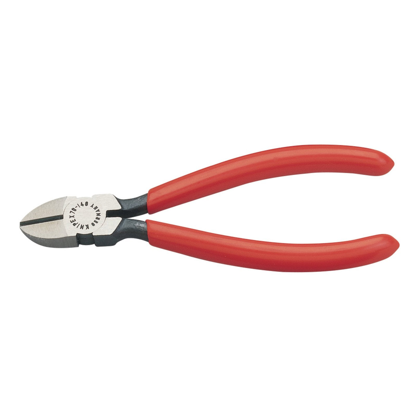 The Draper Knipex 70 01 140 SBE Diagonal Side Cutter, measuring 140mm, features red handles and vanadium electric steel jaws. Designed for cutting wires and small hardware, these cutters boast precise cutting edges and comply with DIN ISO 5749 standards for quality and durability.