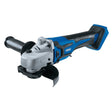 The Draper D20 20V Brushless Angle Grinder, 115mm (Sold Bare) - D20AG115BL, is a cordless blue and black tool equipped with a side handle and features the D20 interchangeable battery system slot at the back.