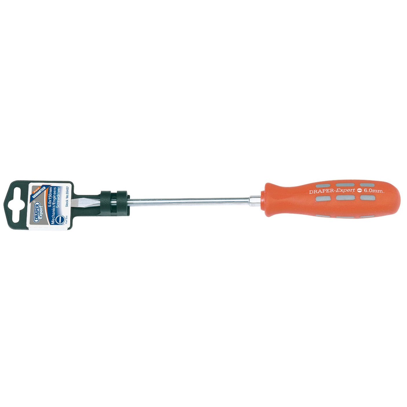 A Draper Plain Slot Flared Tip Mechanic's Screwdriver, 6 X 150mm - 870 featuring a soft grip orange handle and a green and white packaging tag attached to the shaft.