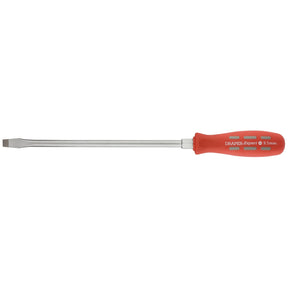 A flathead screwdriver with a long metal shaft, a soft grip, and a red handle labeled "Draper Plain Slot Flared Tip Long Pattern Mechanic's Screwdriver, 9.5 X 250mm - 870.