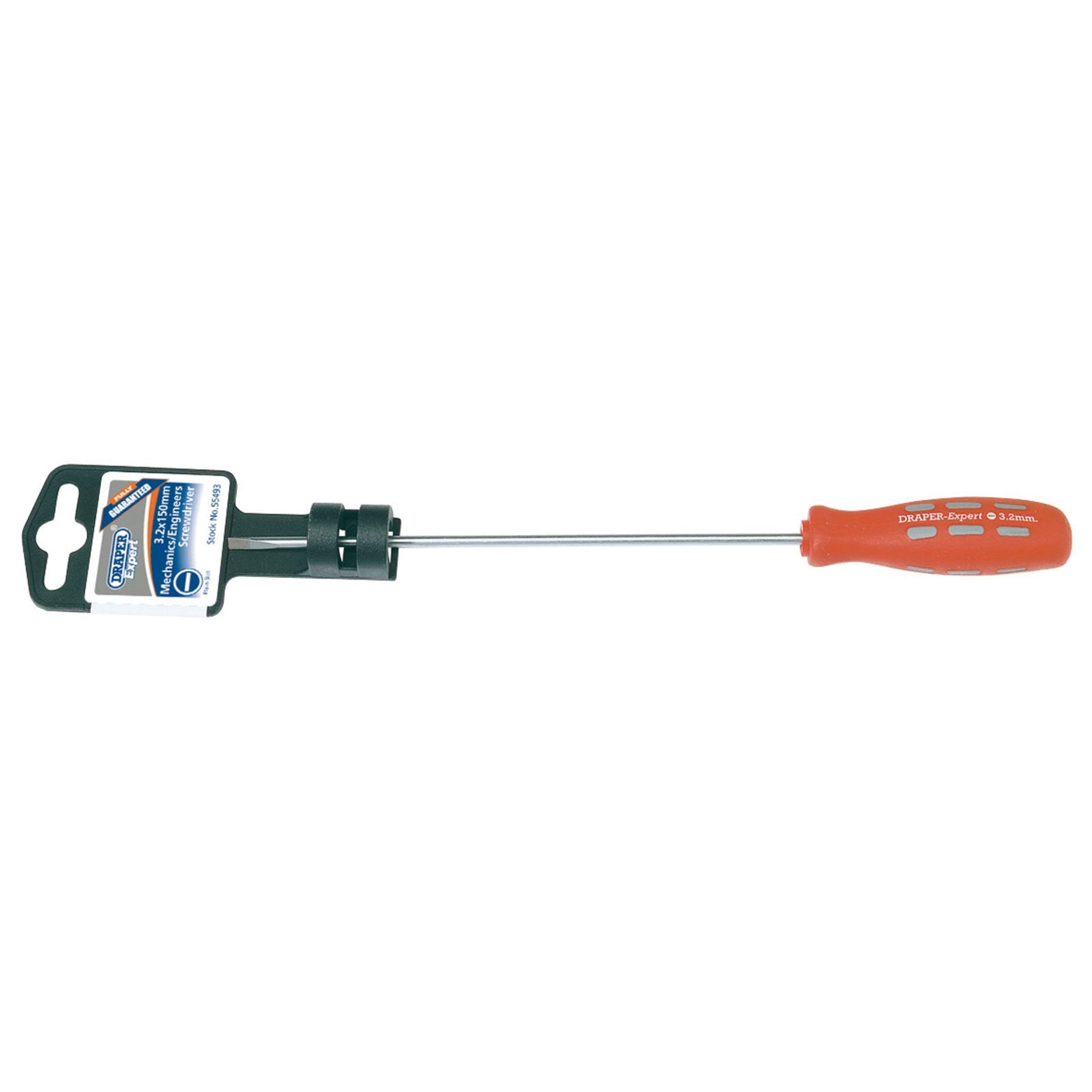 Draper Plain Slot Parallel Tip Mechanic's Screwdriver, 3.2 X 150mm - 870/1, features a durable orange polypropylene handle with a square drive tip and comes with a black and white label.