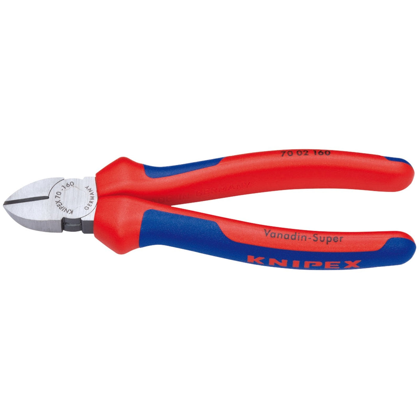 Red and blue-handled Draper Knipex 70 02 160Sb Heavy Duty Diagonal Side Cutter, 160mm - 70 02 160 SBE, featuring the "Vanadin-Super" label on the handle, crafted from professional quality vanadium electric steel.