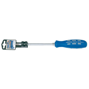 A Draper Expert Cross Slot Mechanic's Screwdriver, No.3 X 150mm - 870CS, featuring a blue impact-resistant handle and a silver shaft, with packaging displaying the brand "Draper.