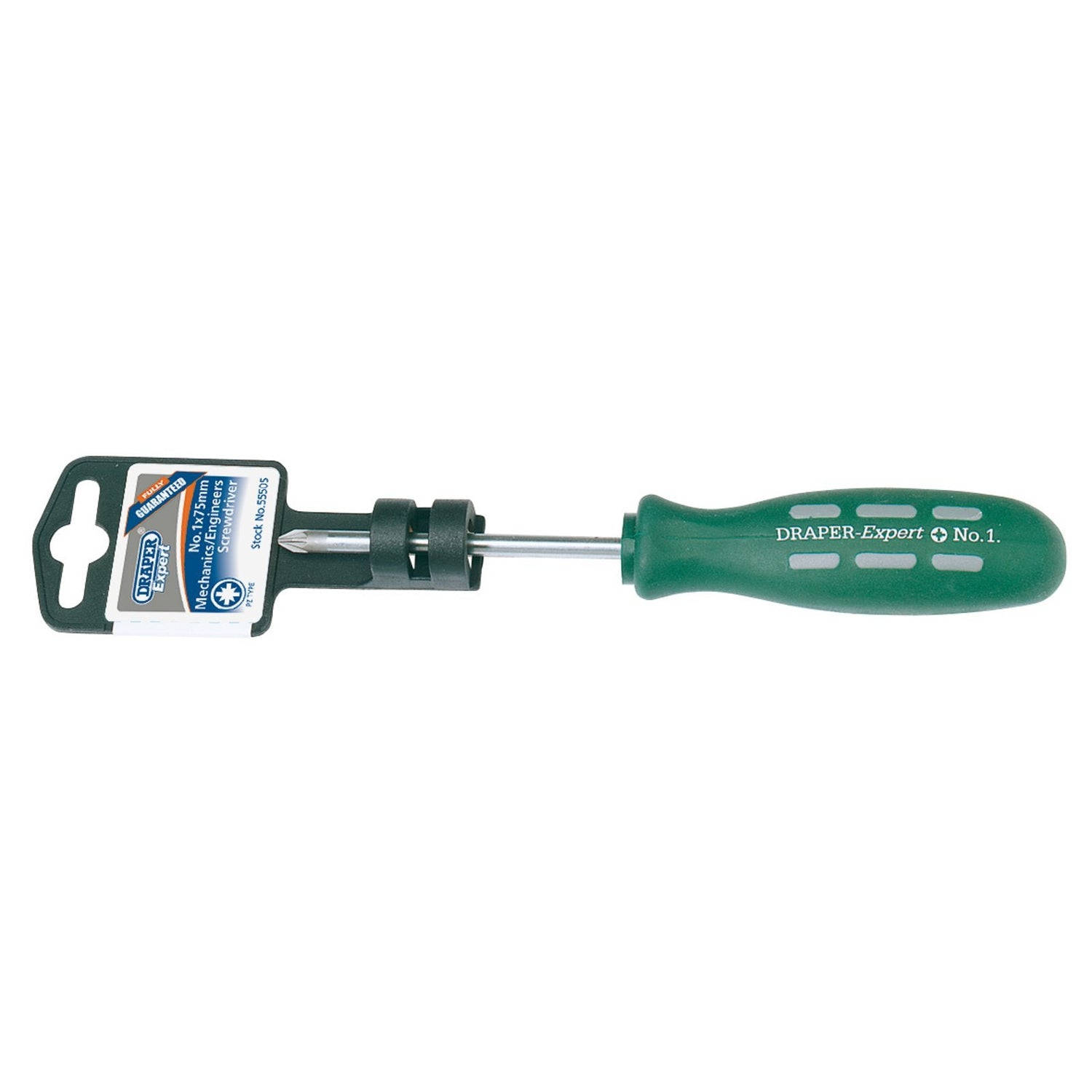 Draper Expert Pz Type Mechanic's Screwdriver, No. 1 X 75mm - 870PZ, featuring a green impact-resistant handle and a metallic shaft, comes securely attached to packaging that proudly displays its brand, Draper.