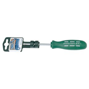 Draper Expert Pz Type Mechanic's Screwdriver, No. 1 X 75mm - 870PZ, featuring a green impact-resistant handle and a metallic shaft, comes securely attached to packaging that proudly displays its brand, Draper.