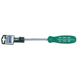 A Draper Expert Pz Type Mechanic's Screwdriver, No.3 X 150mm - 870PZ, featuring an impact-resistant green handle and a magnetic tip, shown in its packaging.