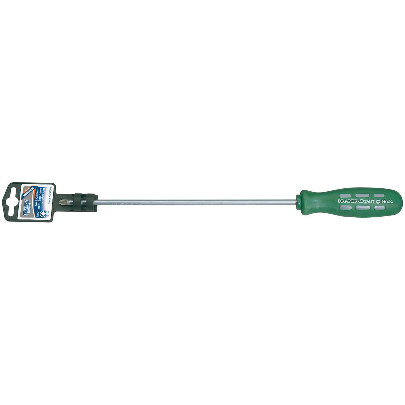 A Draper Long Reach Mechanic's/Engineers Pz Type Screwdriver, featuring a Pozidriv tip, a size of No.2 x 250mm, and a green handle with an attached size label near the base.